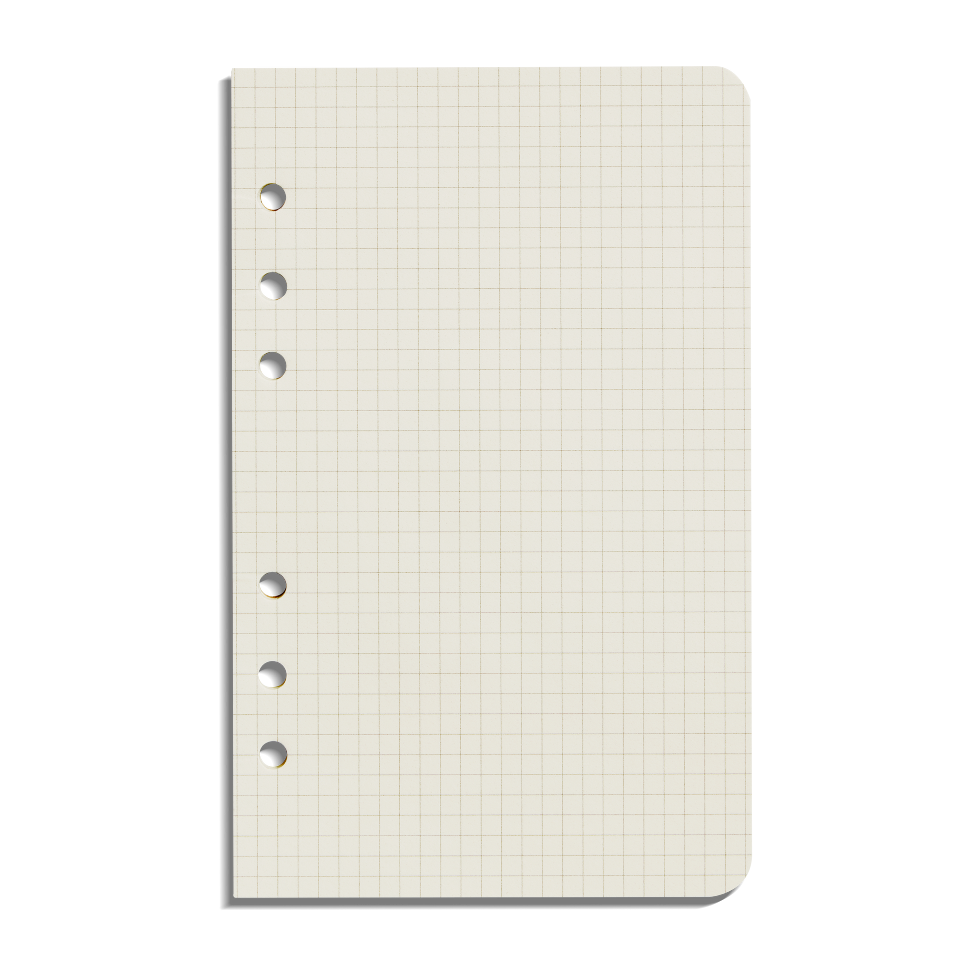 The Shinola Grid Agenda Insert - Kraft features grid paper with rounded corners and six punched holes, perfect for your Refillable Leather Agenda. Each sheet is blank with light gray grids on a white background.
