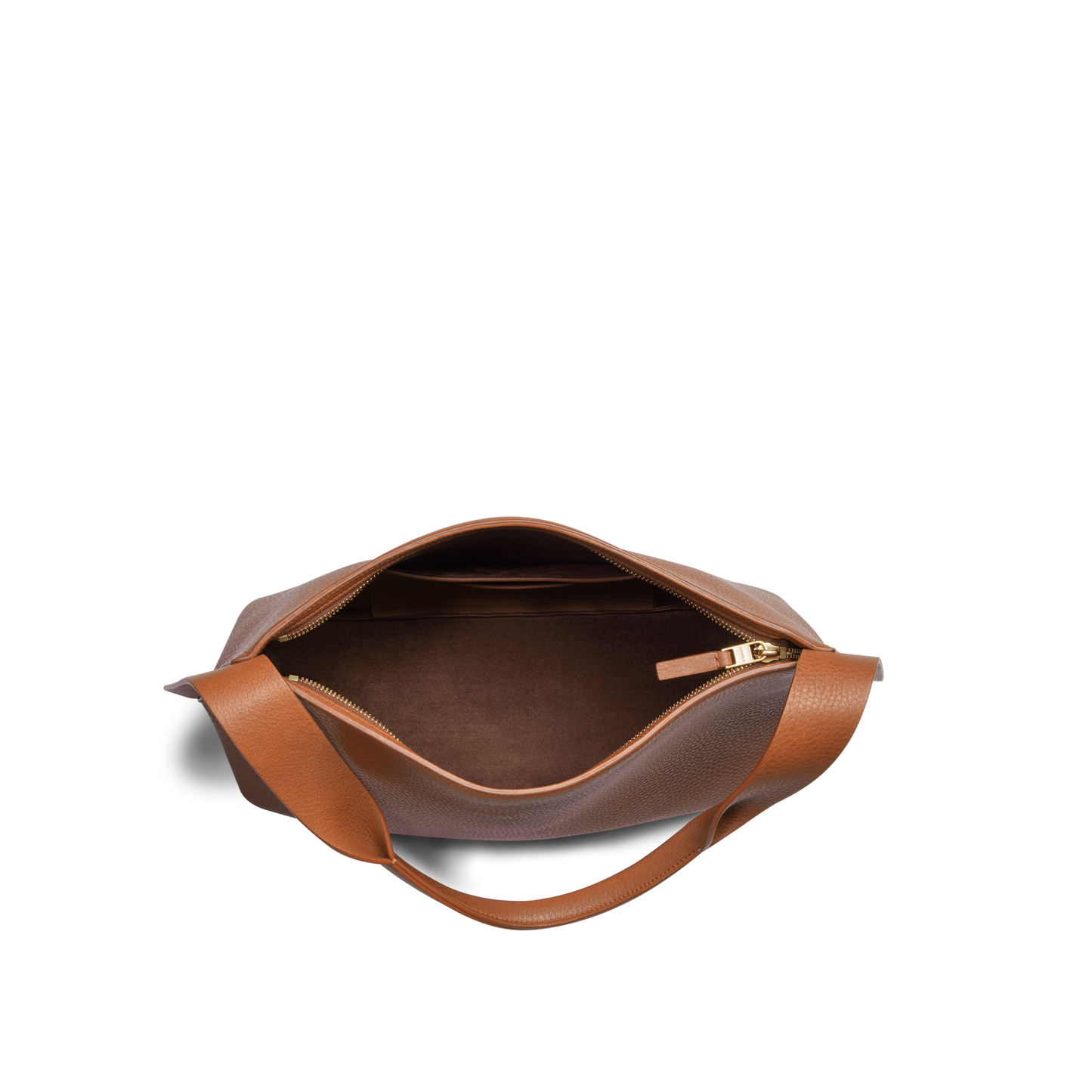 Top view of the Shinola Medium Derby Shoulder Bag - Tan, crafted from natural grain leather with a wide strap, gold zipper, and spacious dark brown-lined interior, shown empty against a plain white background.