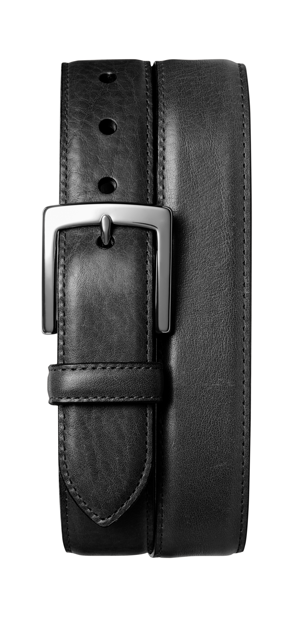 The Shinola 1 1/2" Bedrock Belt - Black is crafted from signature leather and showcases a shiny silver-toned rectangular buckle, rolled up neatly against a plain white background.