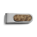 The Shinola Petoskey Money Clip - Sterling Silver features an oval inset with a textured brown Petoskey stone pattern, set against a plain white background.