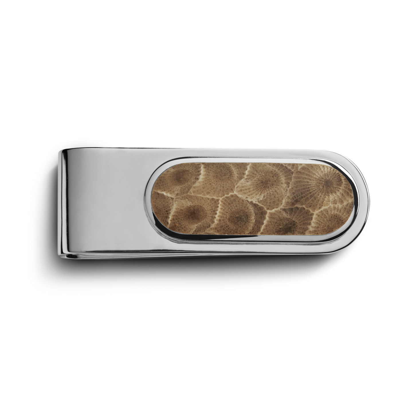 The Shinola Petoskey Money Clip - Sterling Silver features an oval inset with a textured brown Petoskey stone pattern, set against a plain white background.