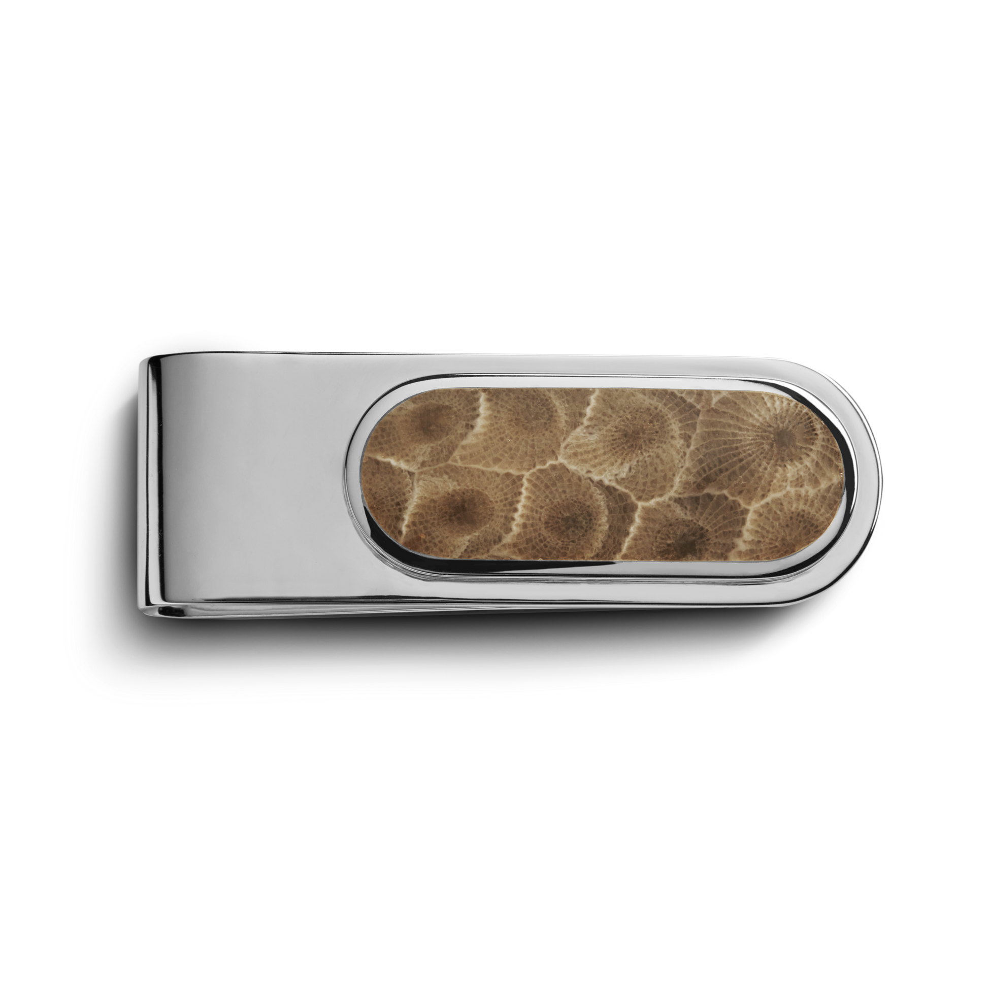 The Shinola Petoskey Money Clip - Sterling Silver features an oval inset with a textured brown Petoskey stone pattern, set against a plain white background.
