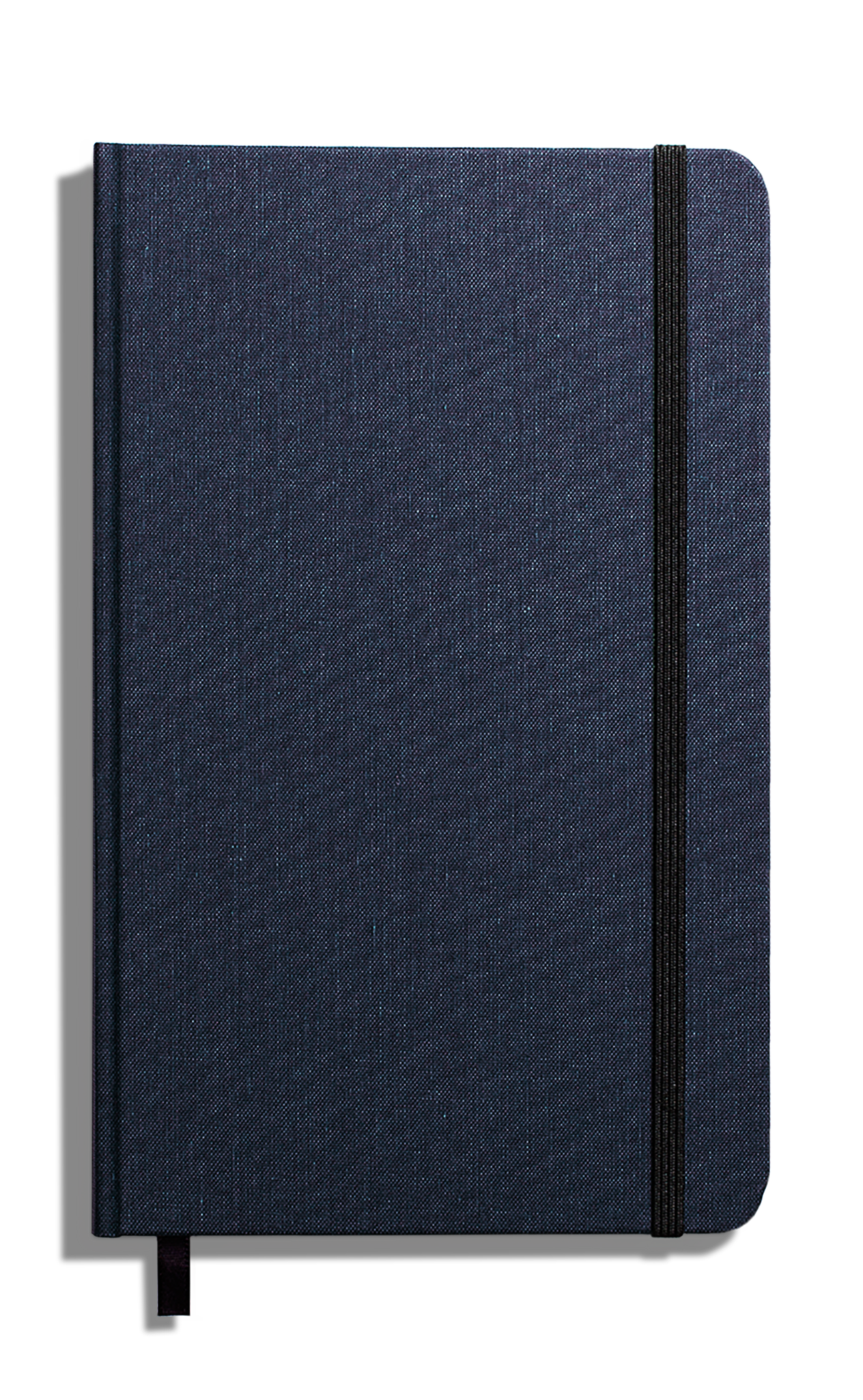 The Shinola Medium Hard Grid Journal in navy, made of hard linen with a black elastic band, ribbon bookmark, and acid-free paper, is shown closed against a white background.