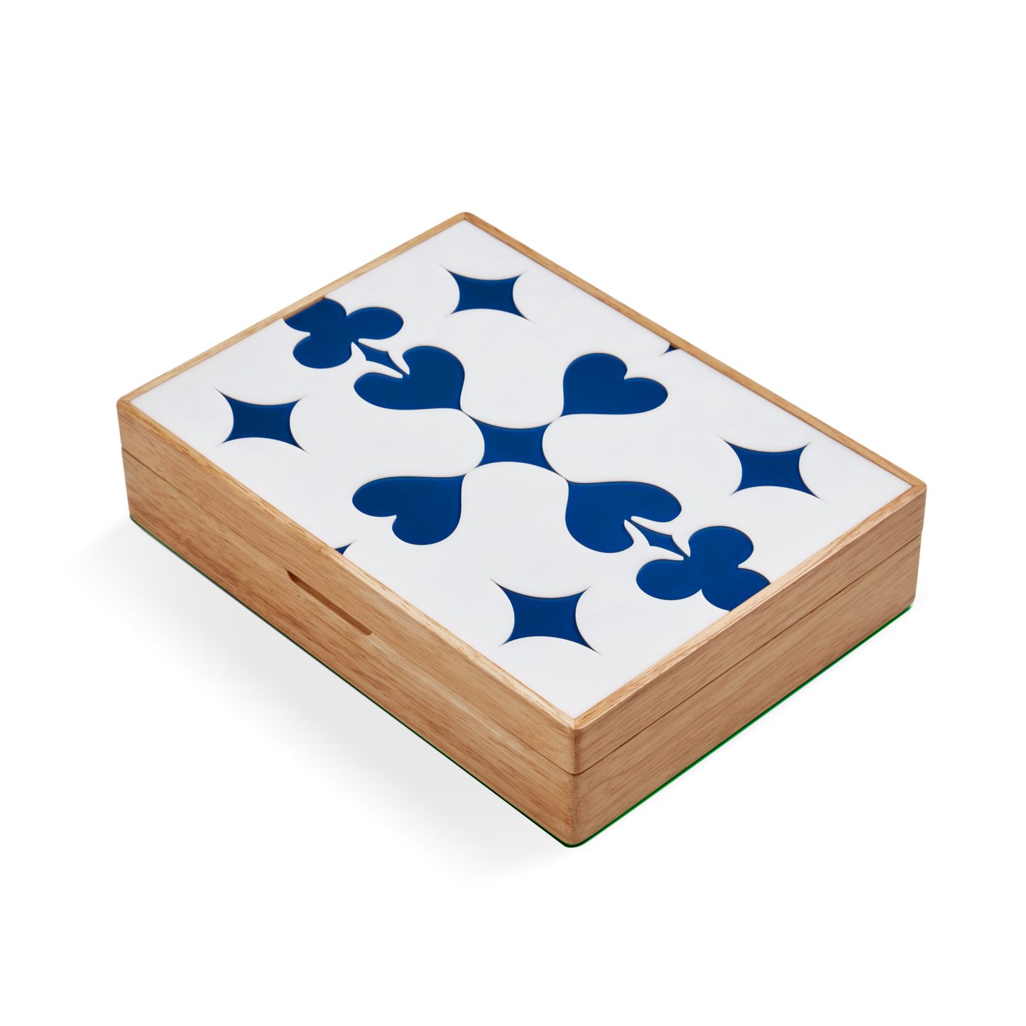 The Shinola Lacquered Wood Poker Set in Cream/Blue features a rectangular wooden box with a white lid adorned with blue heart and diamond motifs, and comes in a leather-lined case for your custom poker chips.
