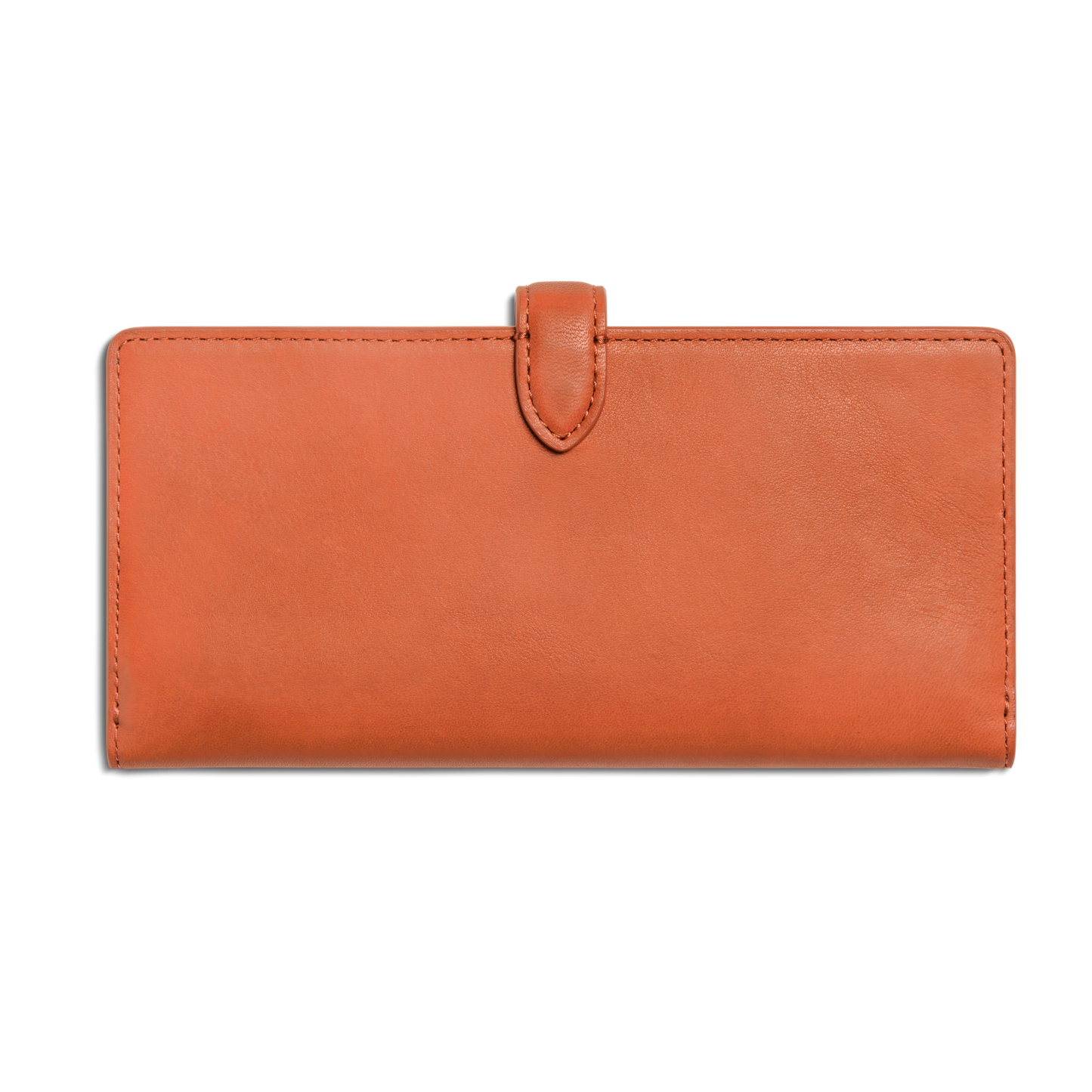 The Shinola Continental Snap Wallet in Rust is a rectangular, orange slim wallet made of natural leather with a flap and snap closure, shown closed against a white background.