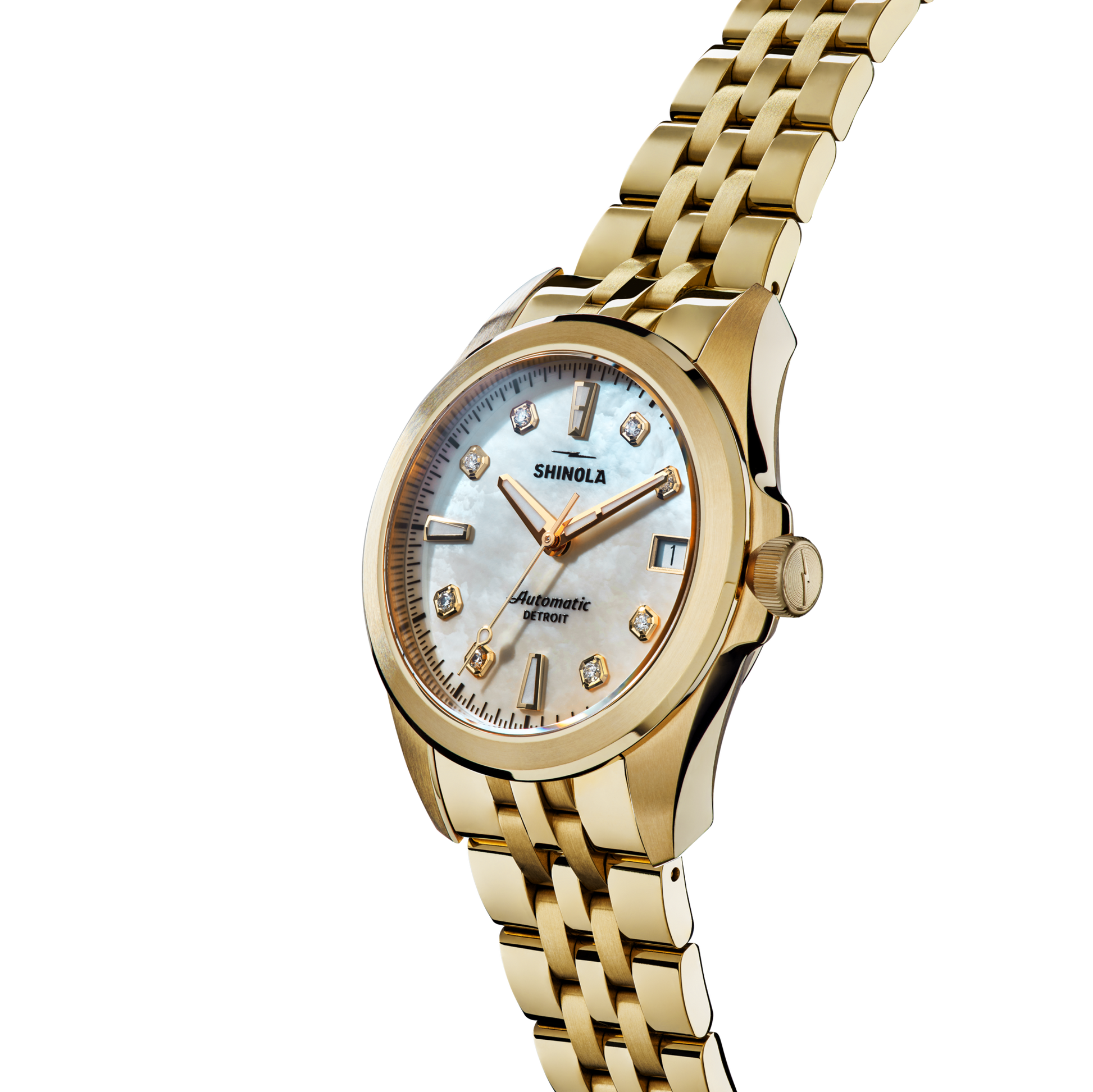 The Shinola Circadian Monster Automatic Watch - Mother of Pearl Diamond features a gold case, metal link band, white mother-of-pearl dial, gold hour markers, and diamond accents, shown at an angle on a white background.