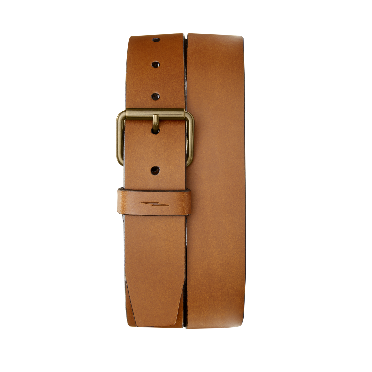 The Shinola 1 1/2" Rambler Belt in tan bridle leather features a brass buckle and multiple adjustment holes, shown laid flat—an ideal everyday accessory against a plain white background.