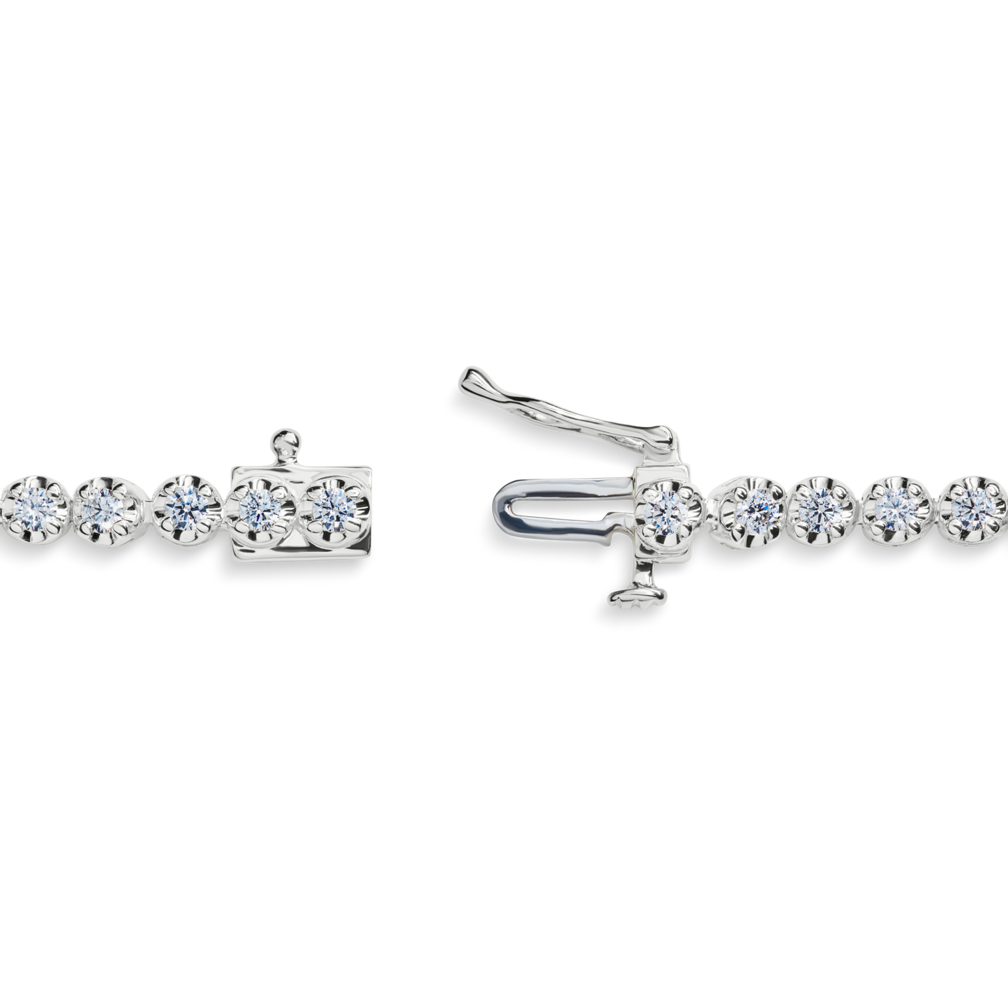 Close-up of the Shinola 2 Carat 7" Diamond Tennis Bracelet in white gold, featuring brilliant cut diamonds and an open box clasp with raised latch, emphasizing the secure mechanism and each stone's sparkle.