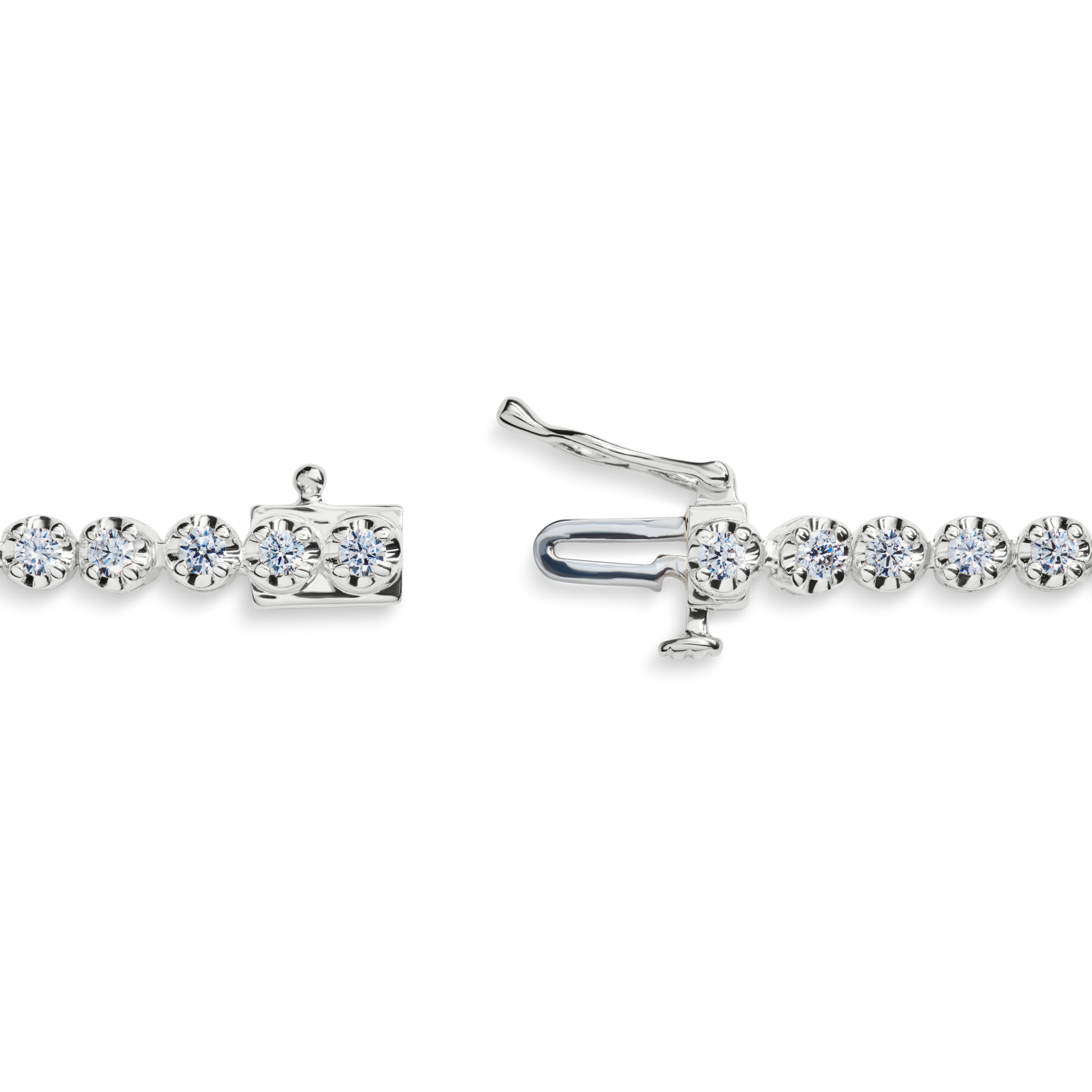 Close-up of the Shinola 2 Carat 7" Diamond Tennis Bracelet in white gold, featuring brilliant cut diamonds and an open box clasp with raised latch, emphasizing the secure mechanism and each stone's sparkle.