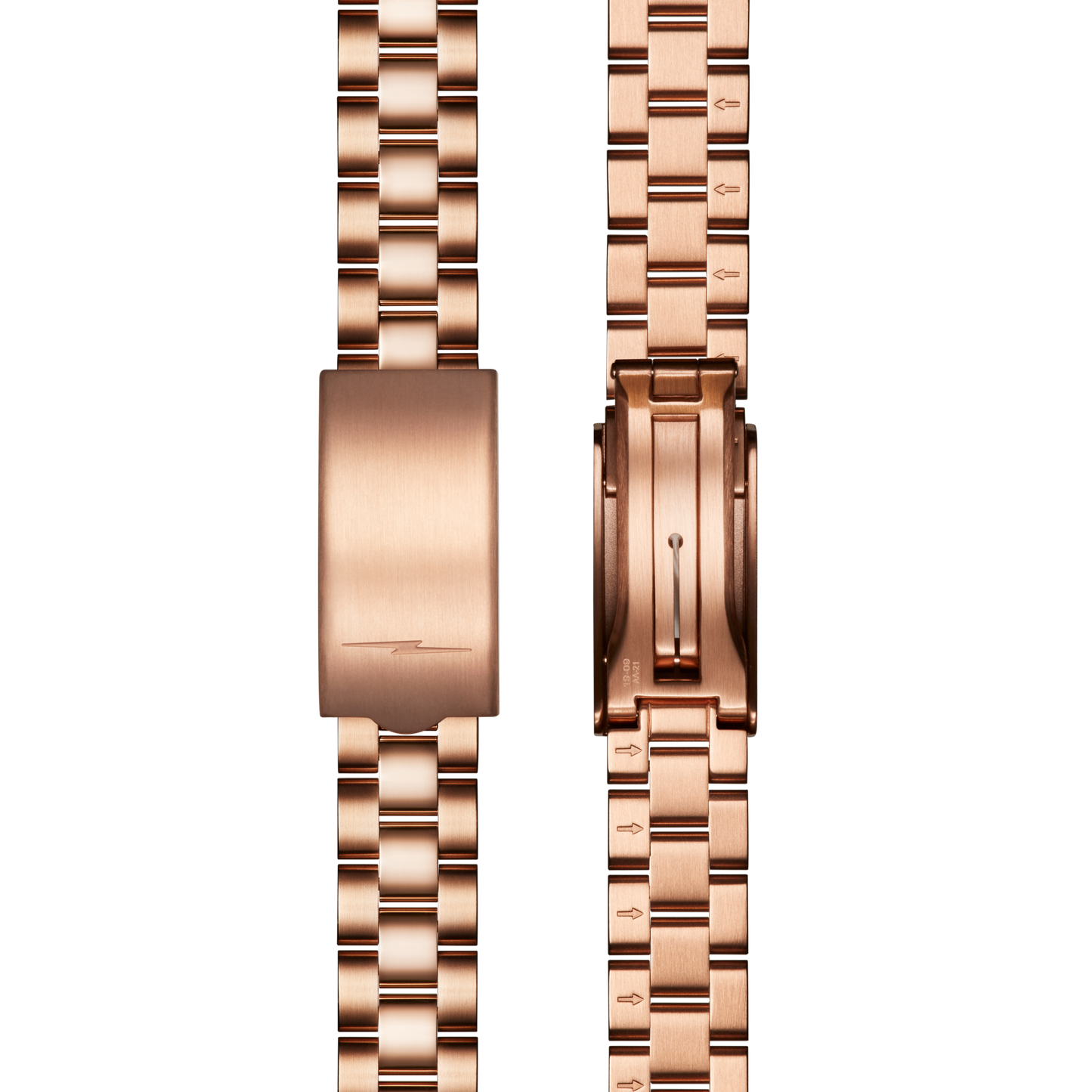 A close-up of the Shinola 14mm Rose Gold 3-Link Bracelet - PVD Rose Gold shows its detailed links and clasp mechanism, with the watch band displayed from the outside on the left and the open clasp on the right.