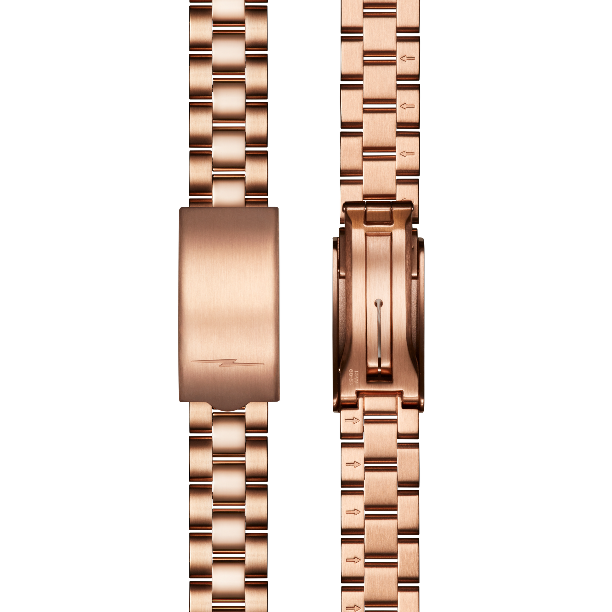 A close-up of the Shinola 14mm Rose Gold 3-Link Bracelet - PVD Rose Gold shows its detailed links and clasp mechanism, with the watch band displayed from the outside on the left and the open clasp on the right.