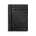 The Canfield ID Card Holder by Shinola is crafted in black pebbled leather and features two card slots plus a center pocket. The Shinola logo is embossed at the bottom. Slim and stylish, it’s photographed against a white background.