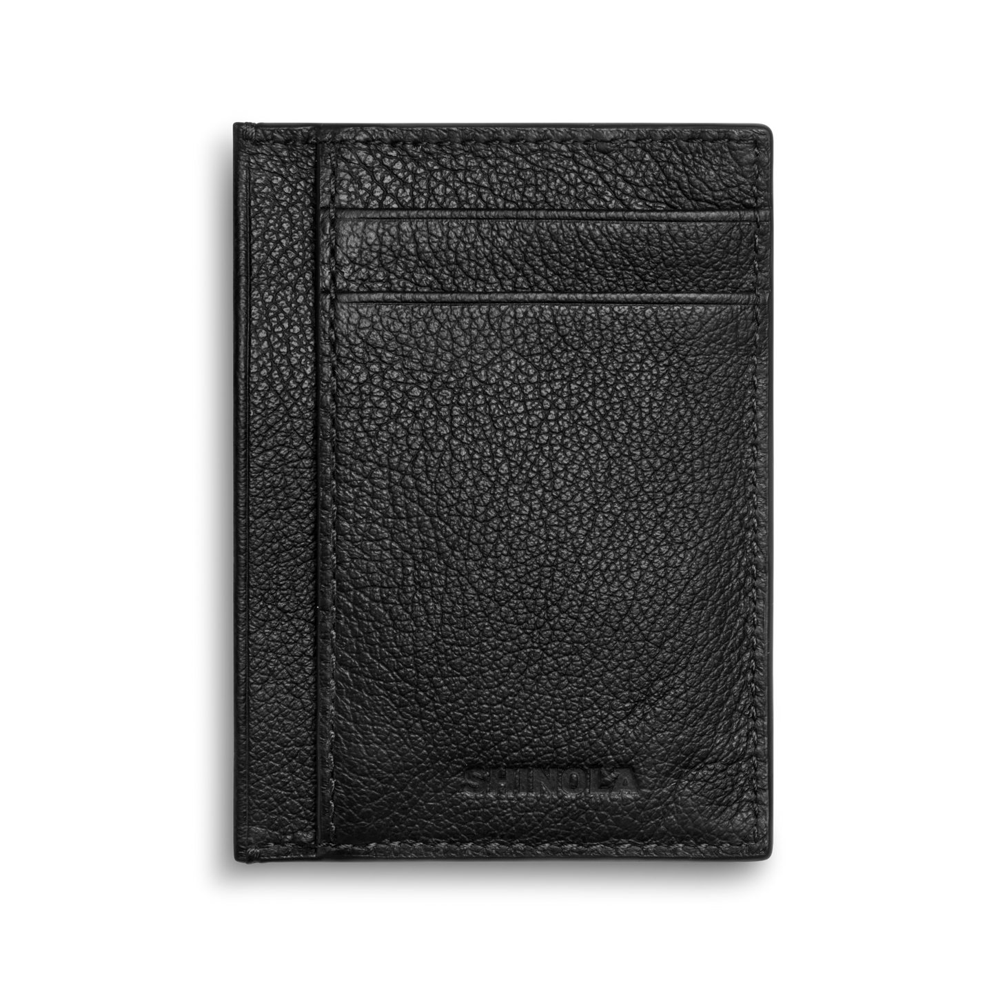 The Canfield ID Card Holder by Shinola is crafted in black pebbled leather and features two card slots plus a center pocket. The Shinola logo is embossed at the bottom. Slim and stylish, it’s photographed against a white background.
