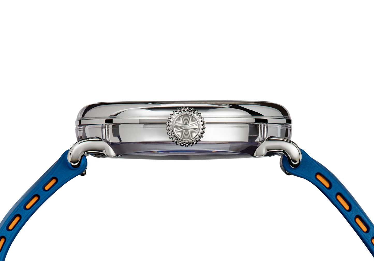 Side view of the Shinola Detrola Watch - Denim Blue, featuring a polished silver case, textured crown, and blue strap with orange accents, set against a plain white background.