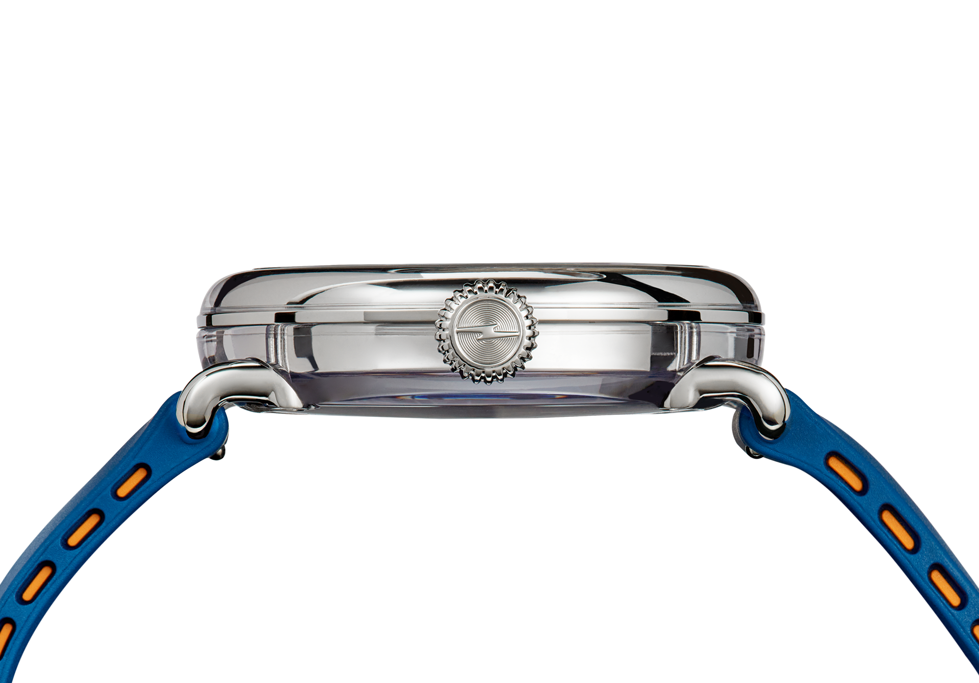 Side view of the Shinola Detrola Watch - Denim Blue, featuring a polished silver case, textured crown, and blue strap with orange accents, set against a plain white background.