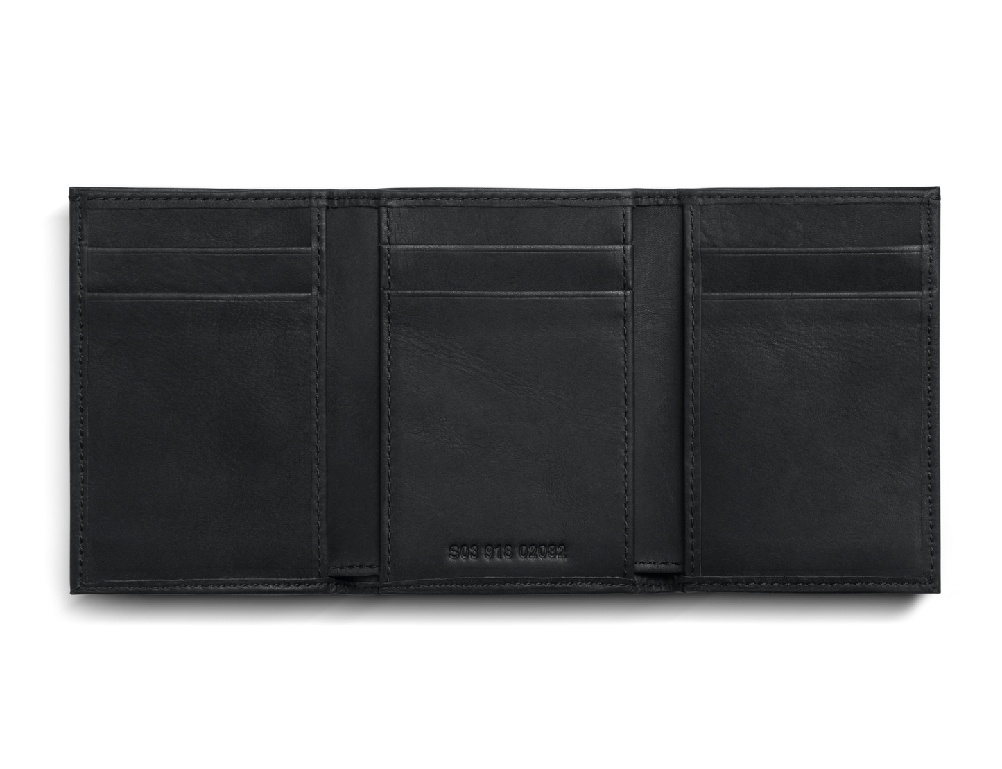 The Shinola Trifold Wallet - Black is open on a white background, displaying multiple card slots and compartments. It offers RFID protection to keep your essentials secure.