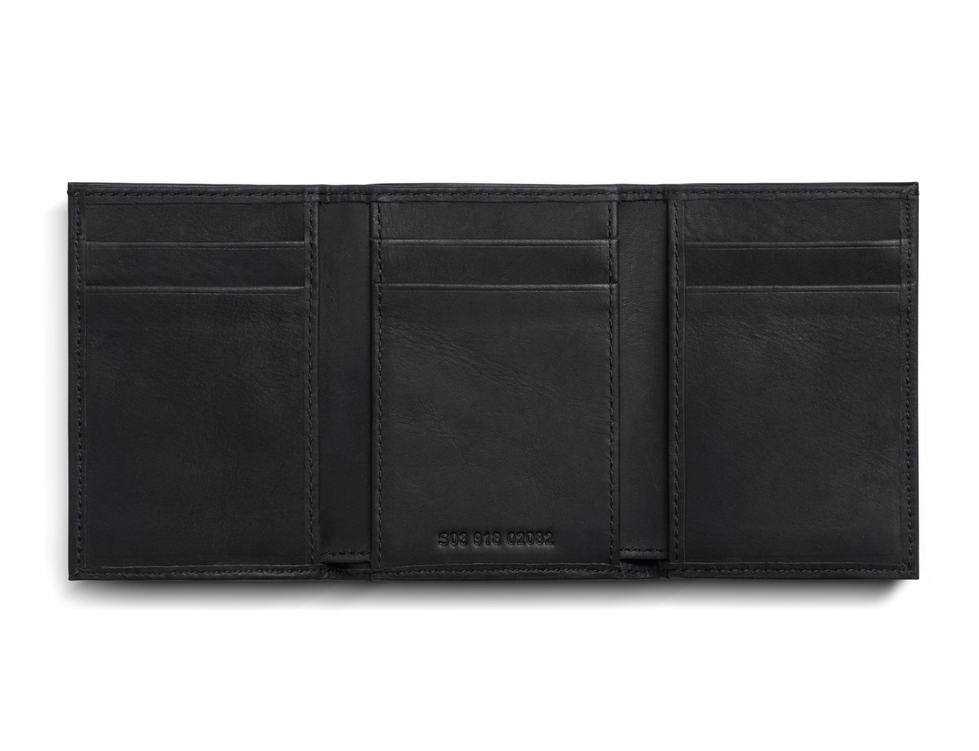 The Shinola Trifold Wallet - Black is open on a white background, displaying multiple card slots and compartments. It offers RFID protection to keep your essentials secure.