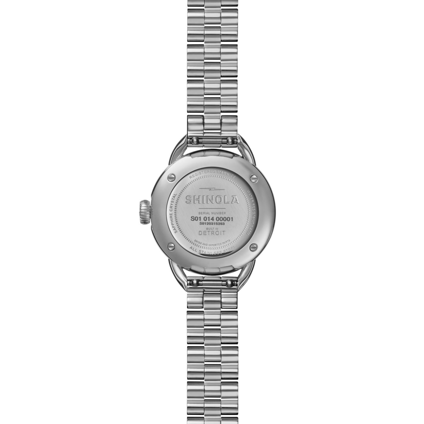 Back view of a Shinola Runabout Watch - MOP Diamond with a metal link band, featuring detailed engravings including the brand name, serial number, and "Built in Detroit" on the round silver case back.