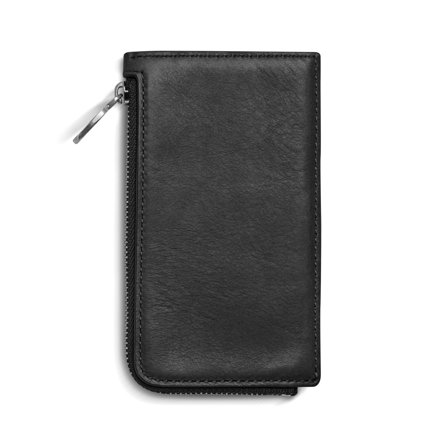 The Shinola Birdy Zip Around Card Holder - Black, made from natural black leather with a silver zipper along two sides, is displayed closed against a plain white background.