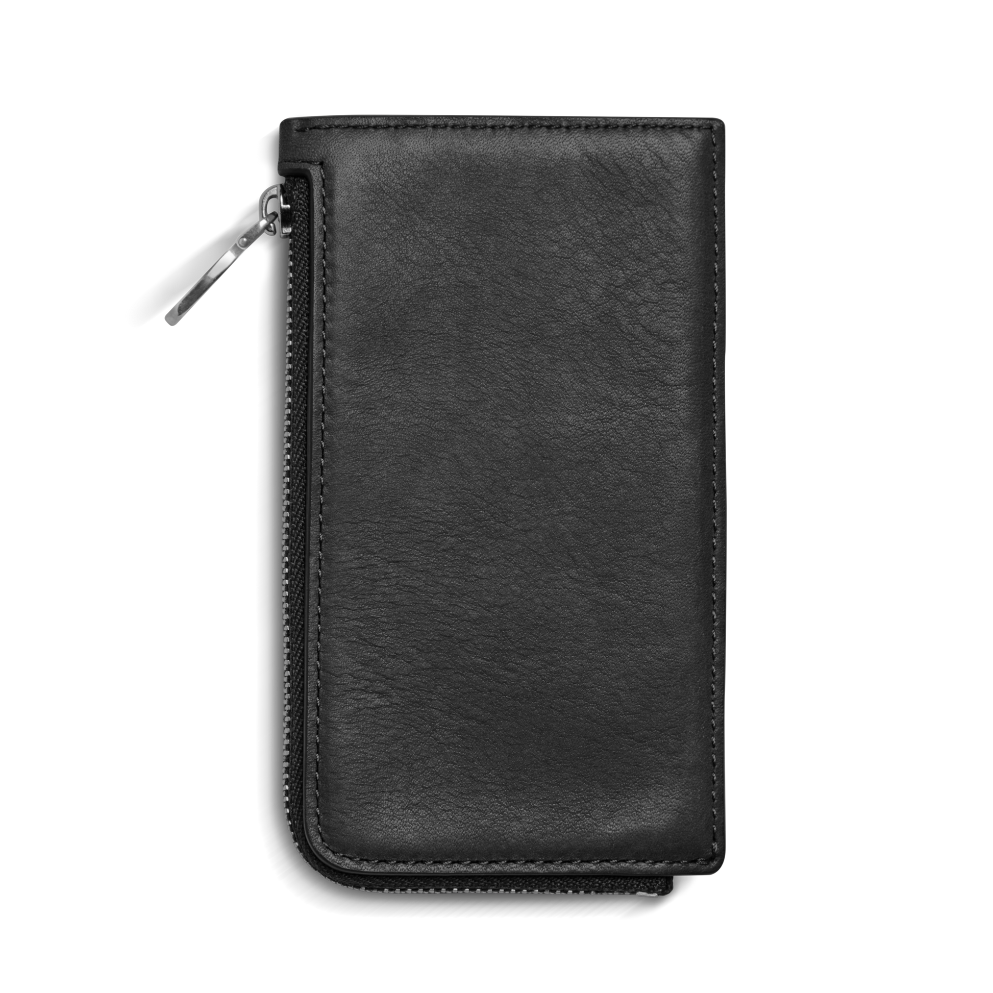 The Shinola Birdy Zip Around Card Holder - Black, made from natural black leather with a silver zipper along two sides, is displayed closed against a plain white background.