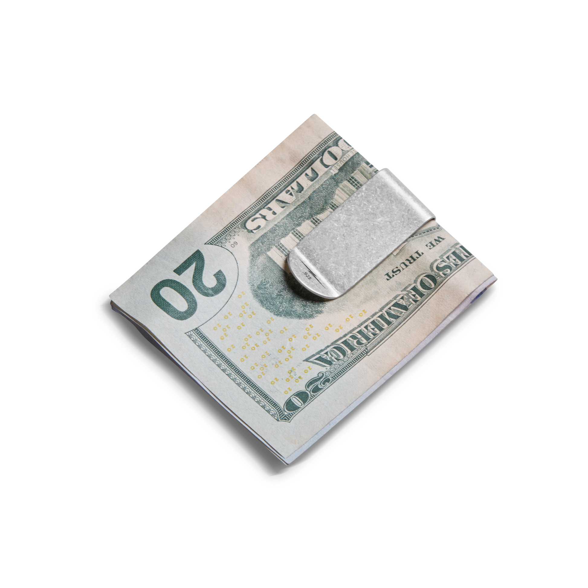 A folded stack of $20 bills is held by a Shinola Engravable Money Clip in sterling silver, shown on a plain white background.
