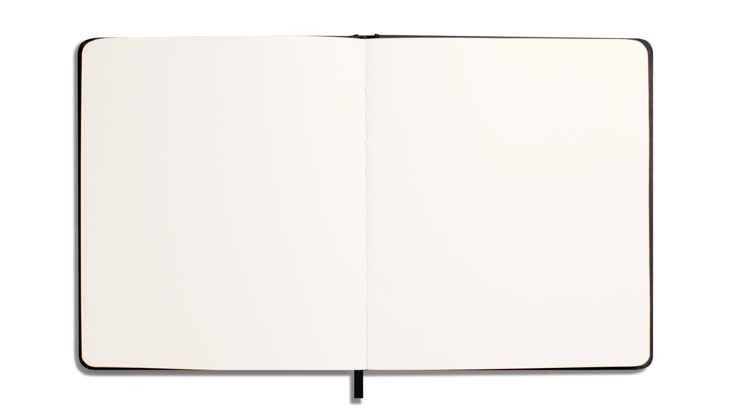 The Shinola Large Hard Plain Sketchbook in black, featuring cream 100 lb paper and a black ribbon bookmark, lies open and flat on a white surface.