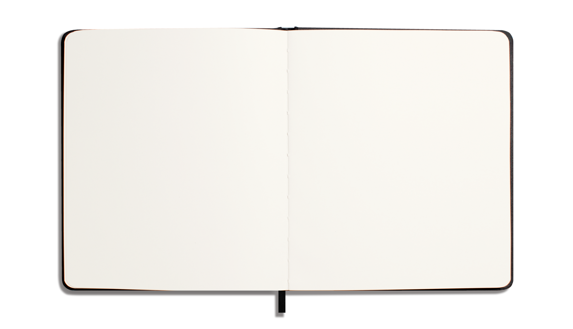 The Shinola Large Hard Plain Sketchbook in black, featuring cream 100 lb paper and a black ribbon bookmark, lies open and flat on a white surface.