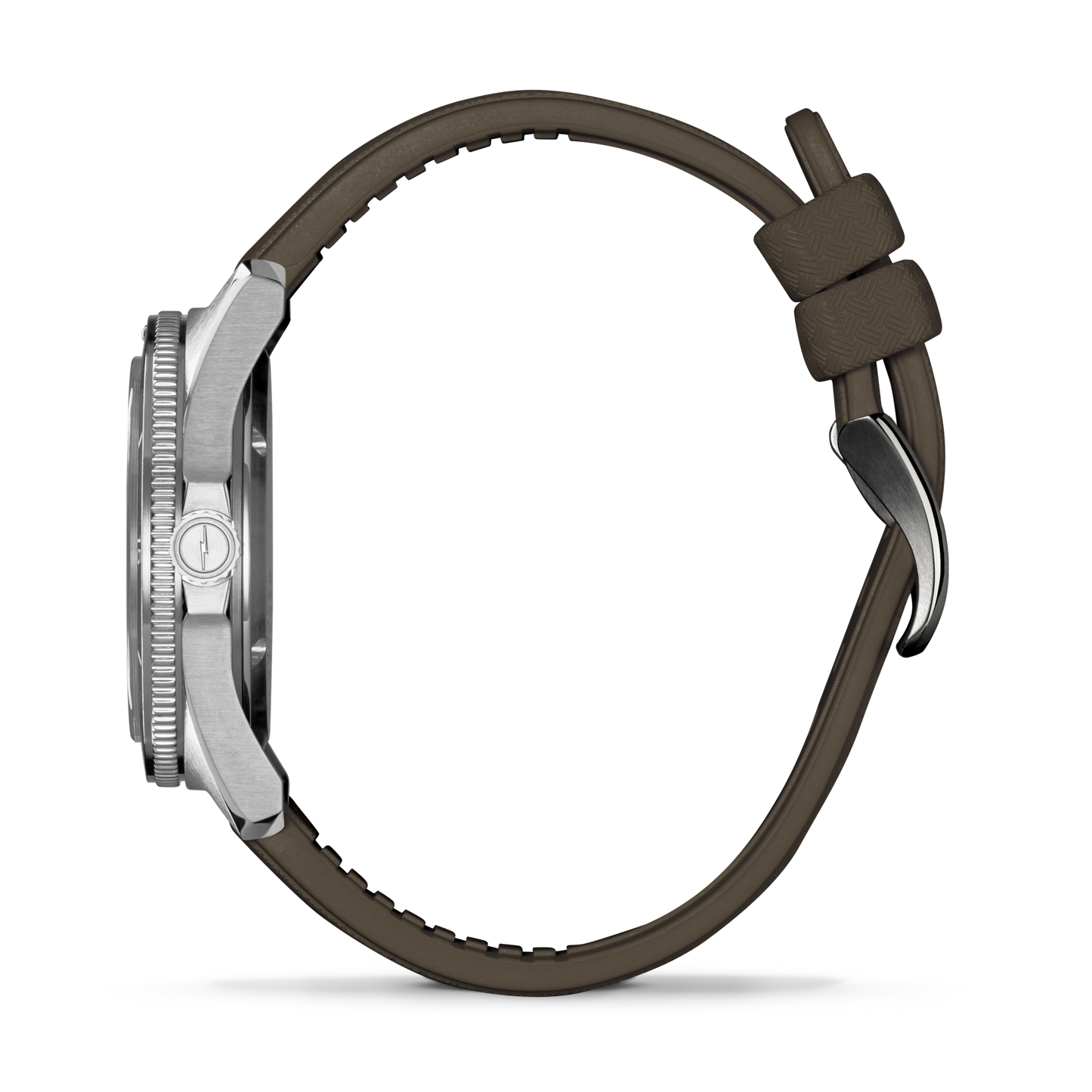 Side view of the Shinola Duck Watch - Mallard Brown, featuring a silver metal case and textured brown silicone strap with visible crown and buckle clasp; watch face not shown.