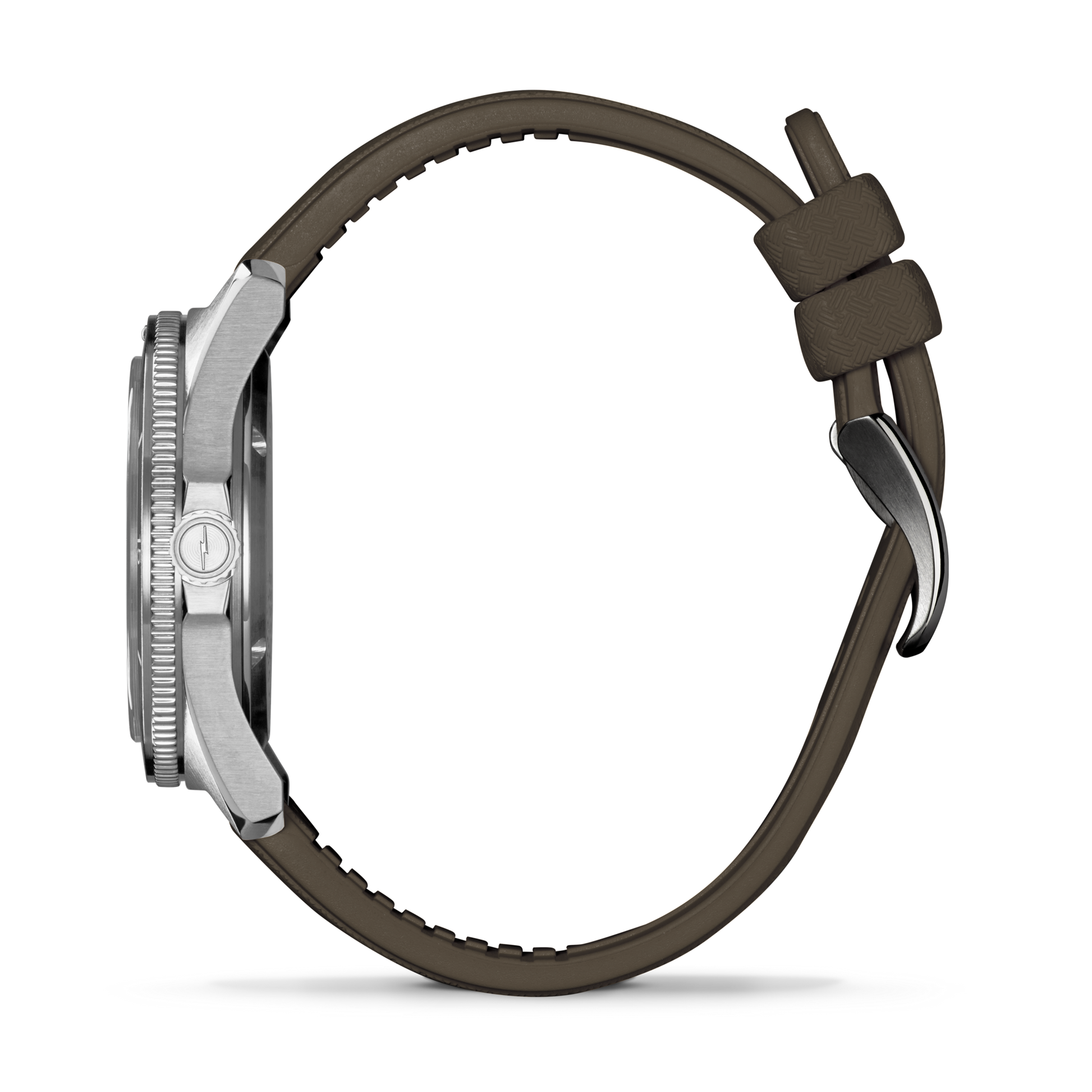 Side view of the Shinola Duck Watch - Mallard Brown, featuring a silver metal case and textured brown silicone strap with visible crown and buckle clasp; watch face not shown.
