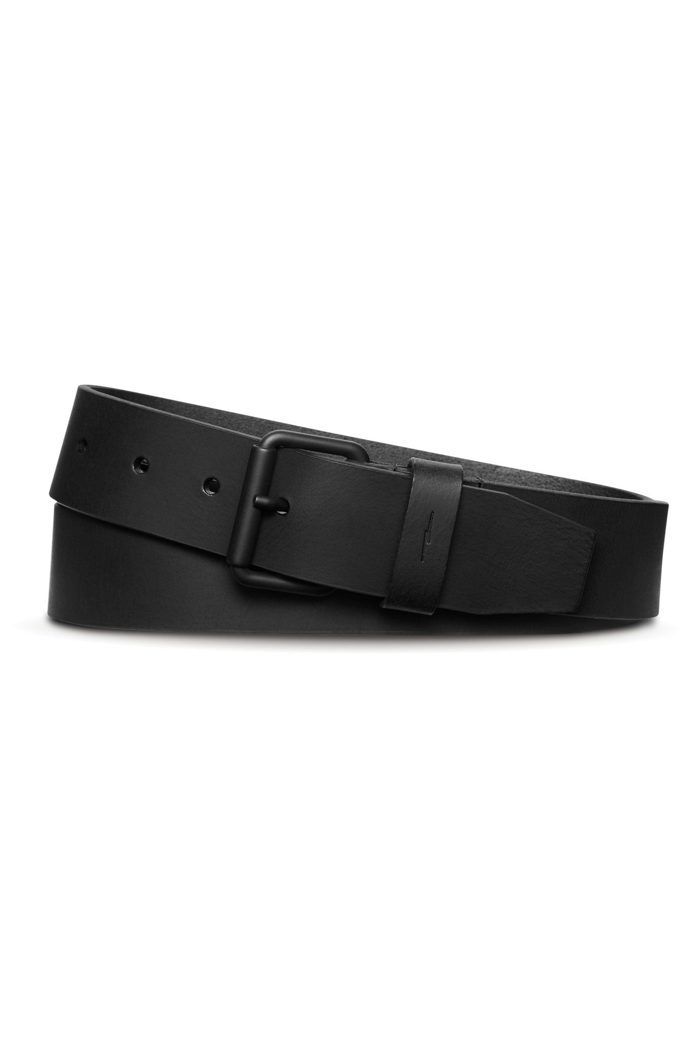 The Shinola 1 1/2" Rambler Belt - Black, crafted from bridle leather with a matte black buckle, is shown coiled on a white background—a timeless addition to any wardrobe.