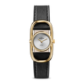 The Shinola Bike Lock Watch features a rectangular gold case, silver dial with "Shinola Detroit," and a black leather strap. Simple hour and minute hands complete its stylish look.