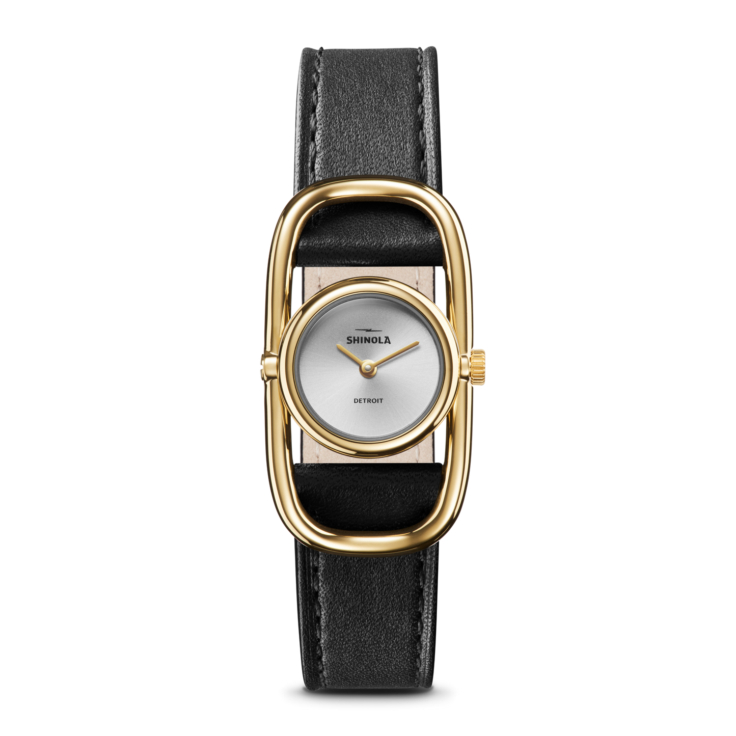 The Shinola Bike Lock Watch features a rectangular gold case, silver dial with "Shinola Detroit," and a black leather strap. Simple hour and minute hands complete its stylish look.