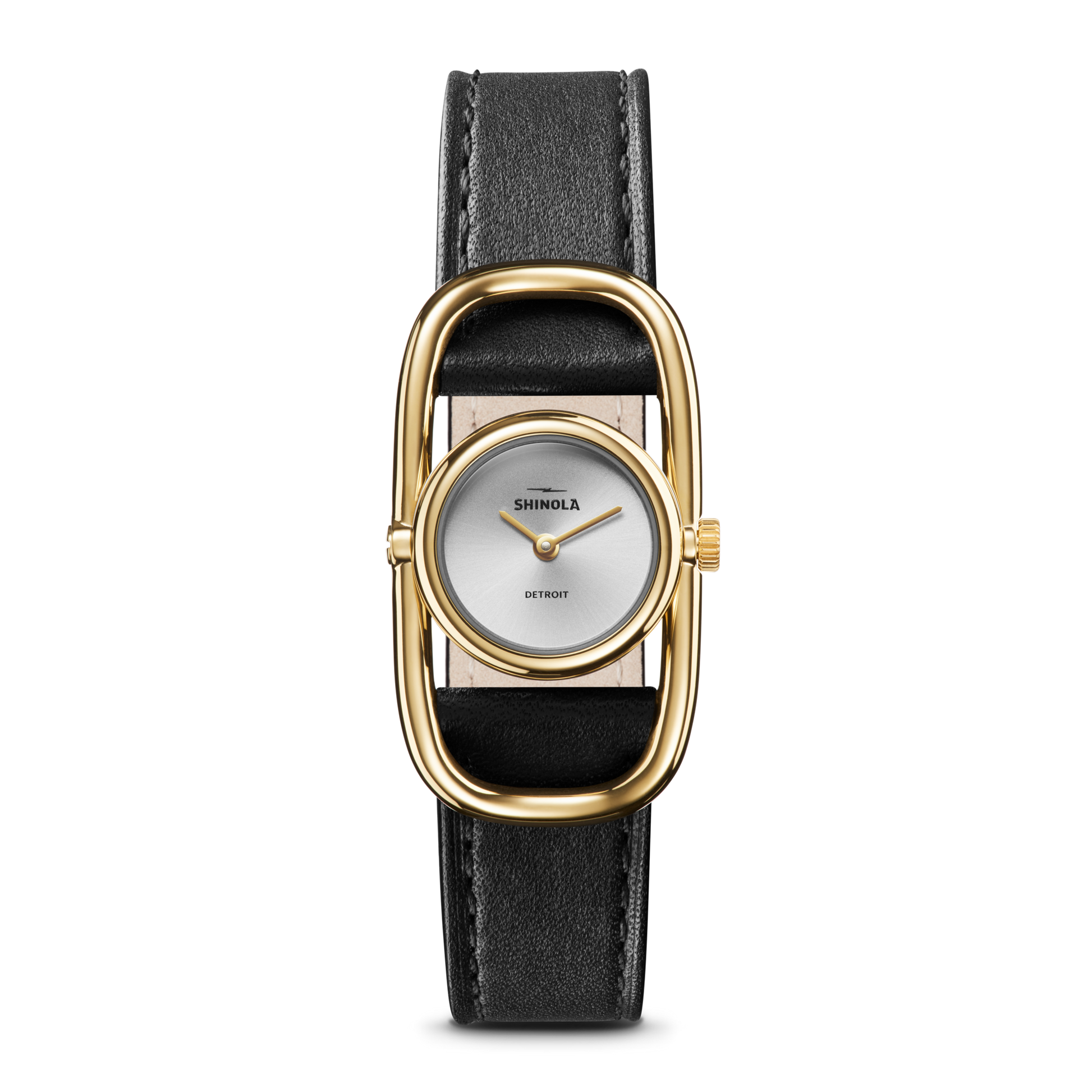 The Shinola Bike Lock Watch features a rectangular gold case, silver dial with "Shinola Detroit," and a black leather strap. Simple hour and minute hands complete its stylish look.