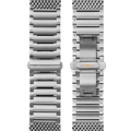 Two Shinola QR Bracelet: 22\20 Universal Mesh, Butterfly A, BrSS watch bands shown side by side—front with wide, flat links, back with a clasp and yellow lightning bolt. Both feature stainless steel construction and mesh-style edges.