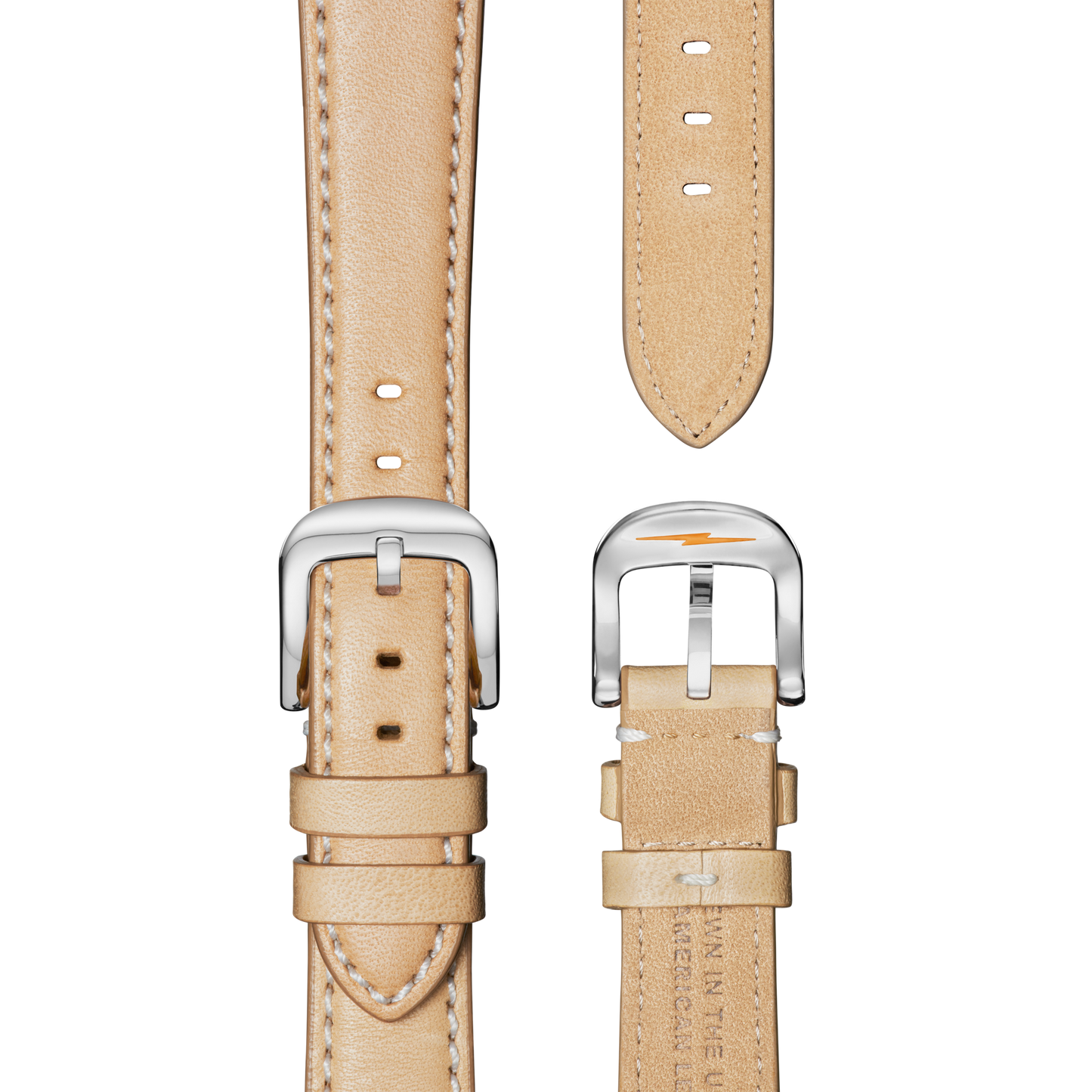 Two tan leather straps with white stitching and silver buckles, one featuring an orange lightning bolt, are shown for the Shinola Runwell Coin Edge Watch - Silver.