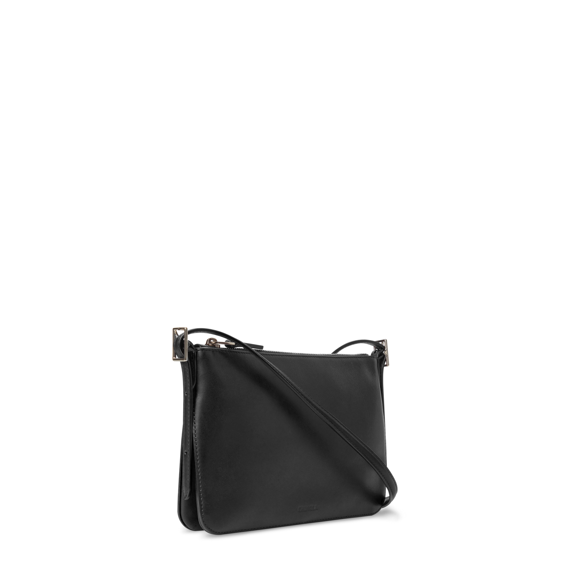 The Shinola Small Bixby Crossbody - Black features natural leather, a slim strap, gold-tone hardware, and a minimalist design—making it an ideal everyday accessory. Shown against a plain white background.