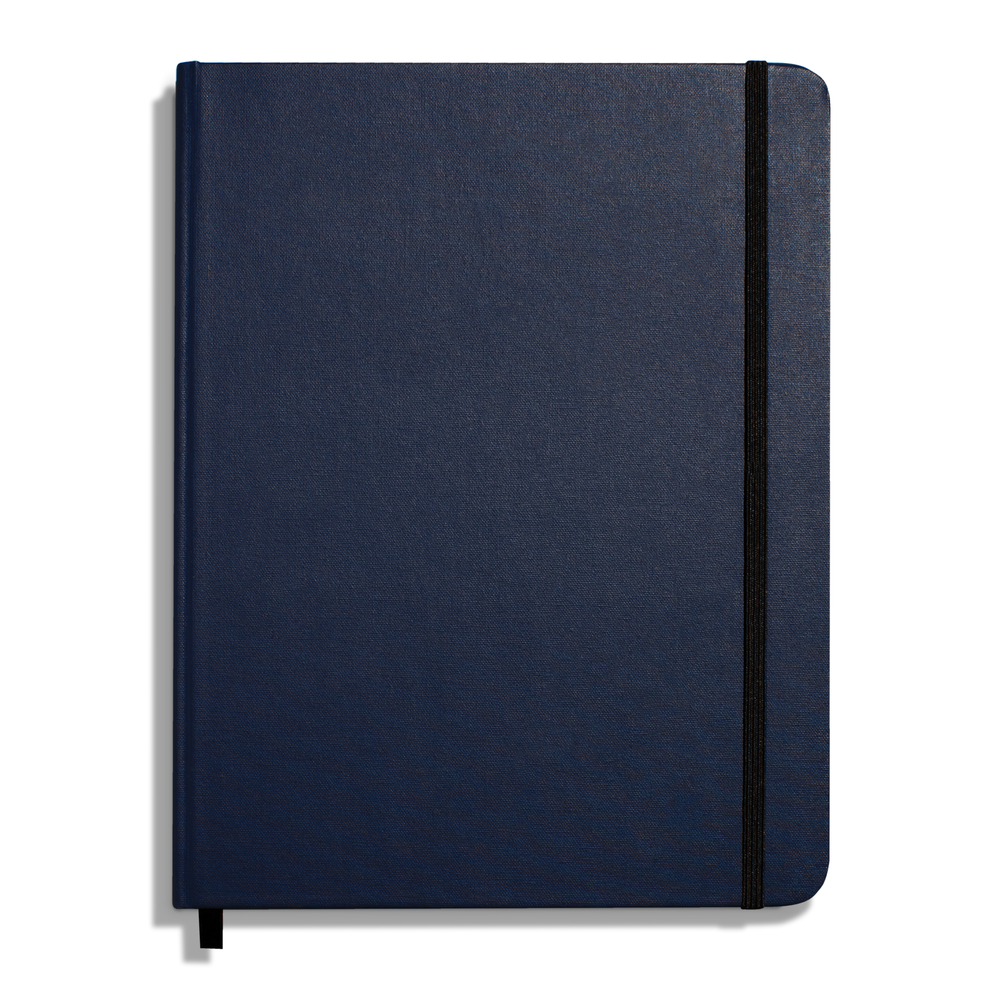 The Shinola Large Hard Ruled Journal in Navy features a closed hard linen cover, a black elastic band along the right edge, and a black ribbon bookmark visible at the bottom.