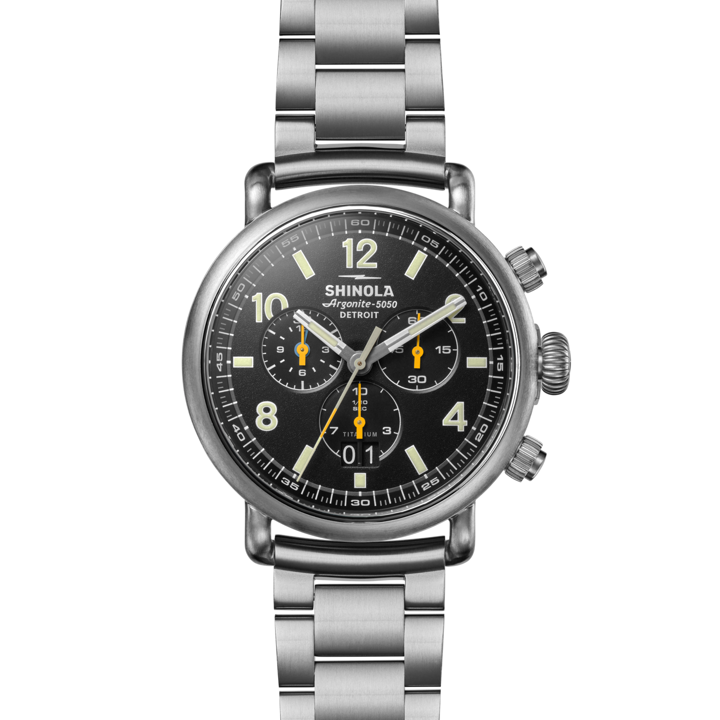 The Shinola Runwell Chronograph West Wind Watch Gift Set includes a black dial chronograph watch and an additional strap.