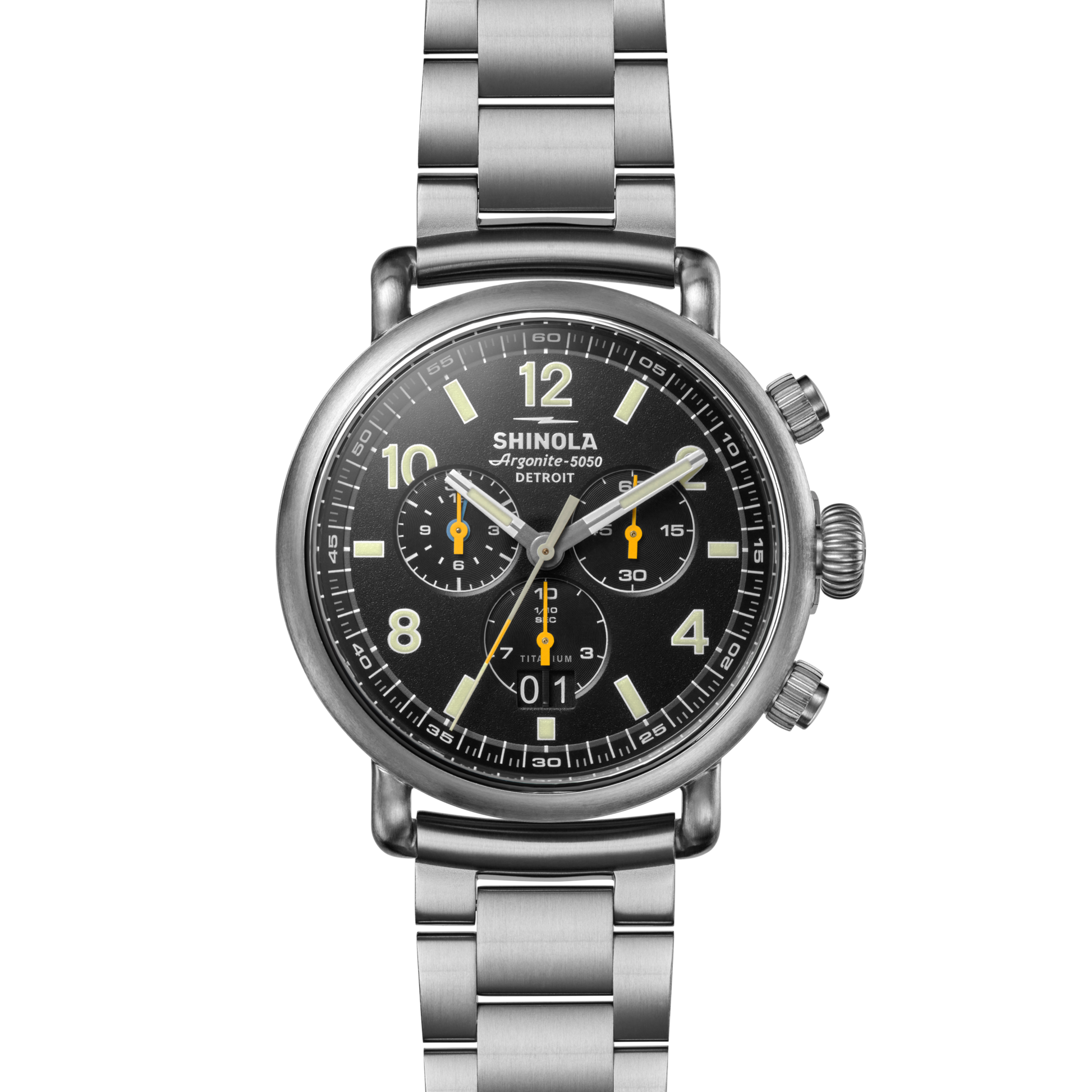 The Shinola Runwell Chronograph West Wind Watch Gift Set includes a black dial chronograph watch and an additional strap.