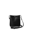 The Shinola Mini Pocket Crossbody Bag - Black features silver hardware, a front snap button, and an adjustable leather strap—ideal for carrying everyday essentials in style. Shown here against a plain white background.