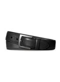The Shinola 1 1/2" Bedrock Belt in black, coiled on a plain white background, features signature leather and a silver rectangular buckle with silver-toned hardware.