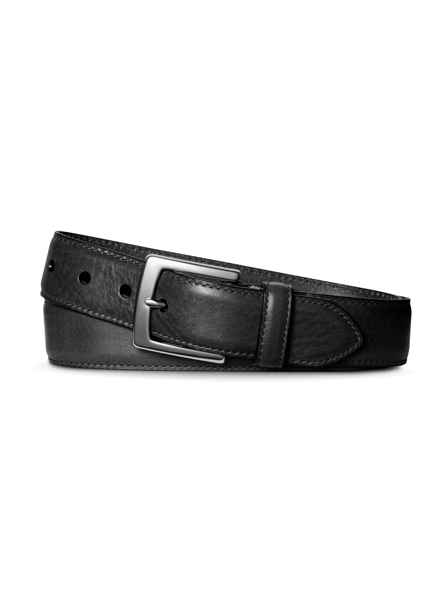 The Shinola 1 1/2" Bedrock Belt in black, coiled on a plain white background, features signature leather and a silver rectangular buckle with silver-toned hardware.