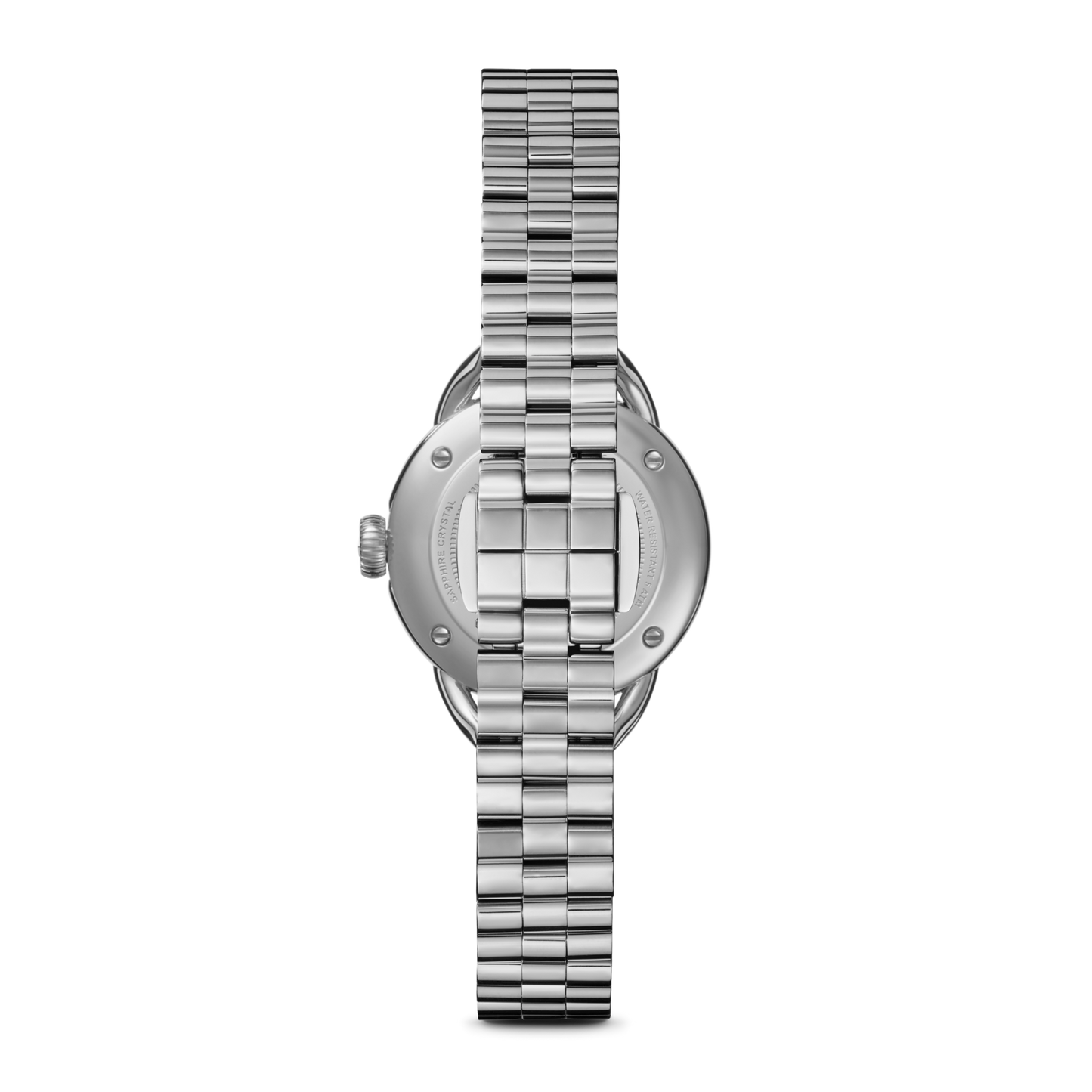 Back view of a Shinola Runabout Watch - MOP Diamond in silver stainless steel with a metal link band and round case, showing the clasp and case back.