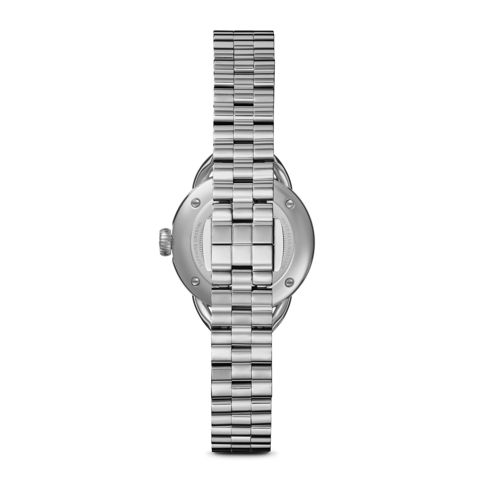 Back view of a Shinola Runabout Watch - MOP Diamond in silver stainless steel with a metal link band and round case, showing the clasp and case back.