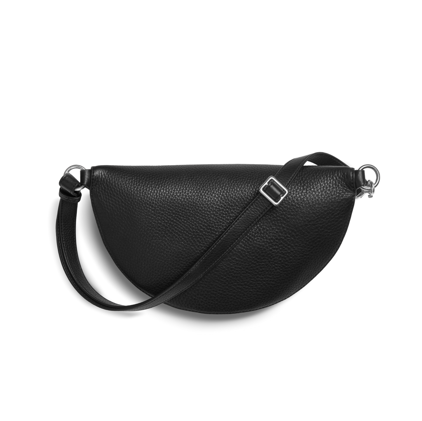 The Shinola Sling Bag - Black is a crescent-shaped, pebbled leather crossbody with an adjustable strap, shown against a white background.