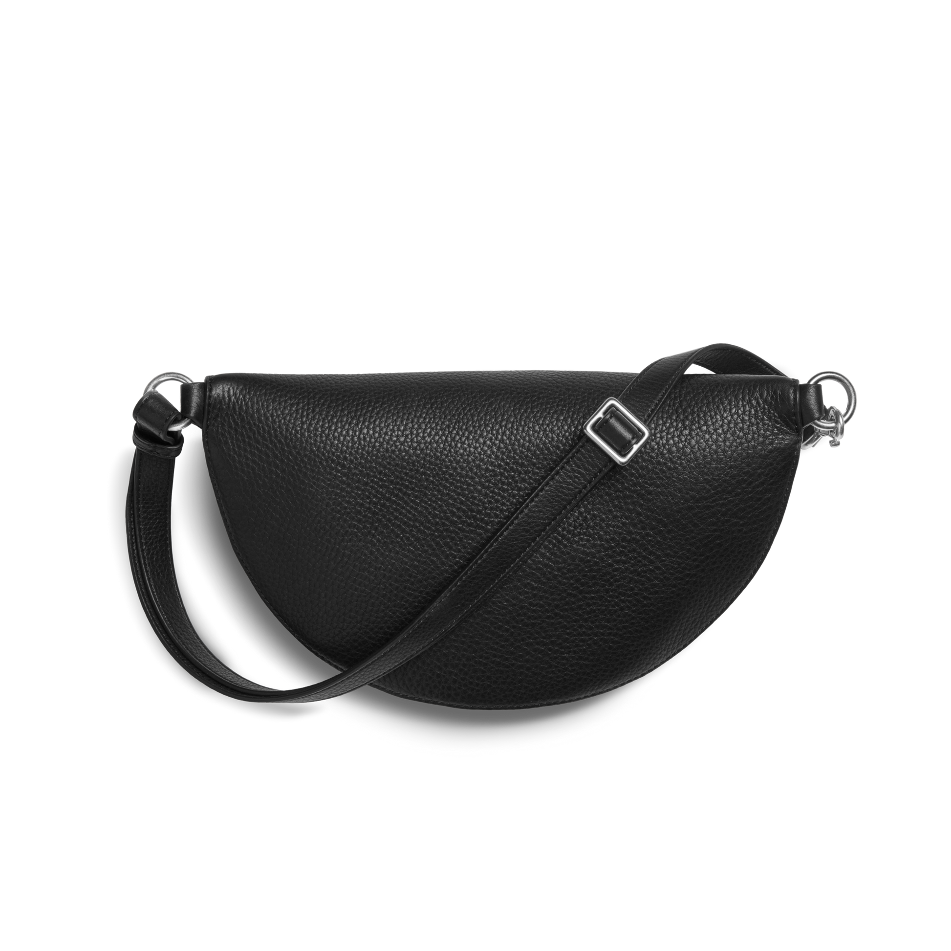 The Shinola Sling Bag - Black is a crescent-shaped, pebbled leather crossbody with an adjustable strap, shown against a white background.