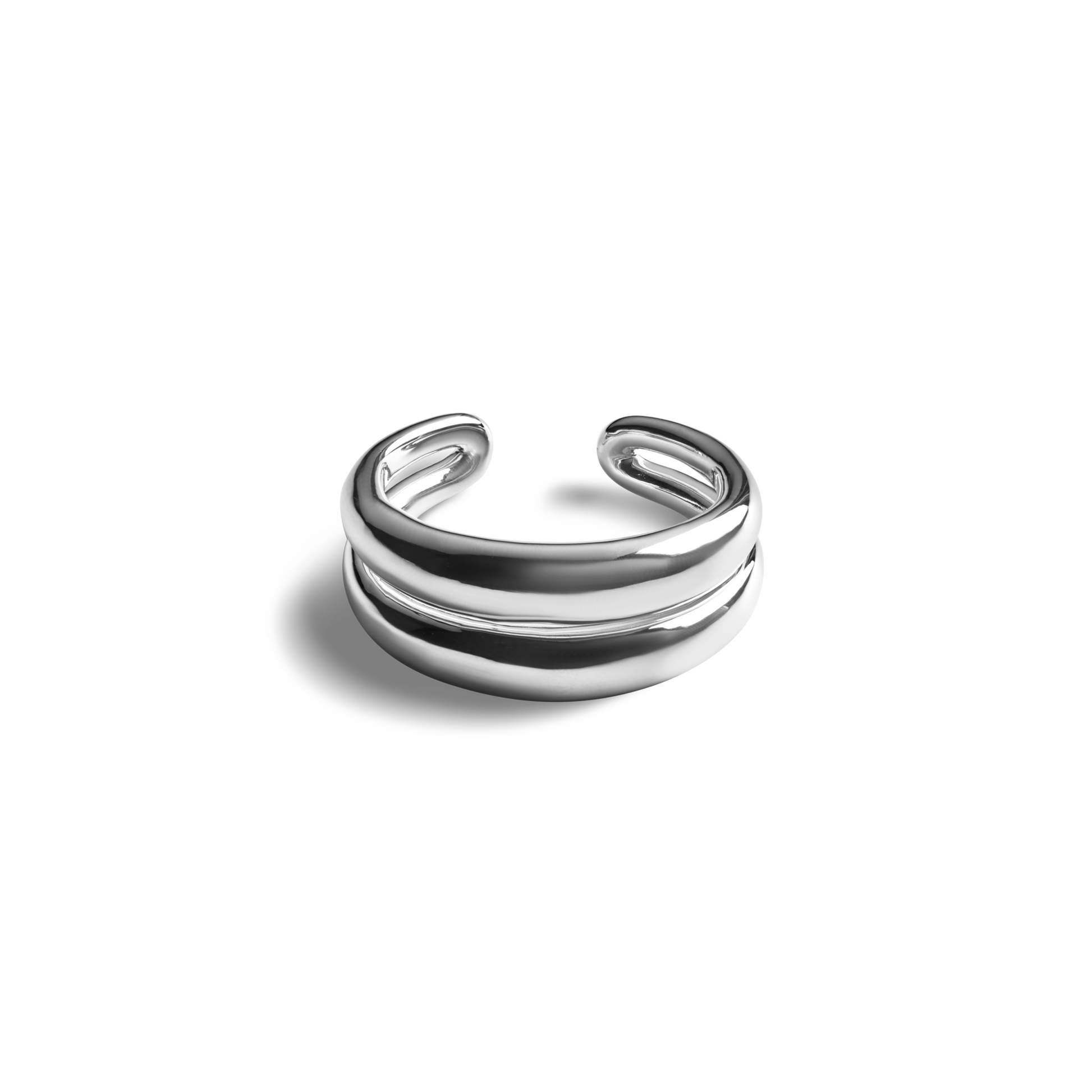 The Shinola Signature Link Adjustable Ring - Sterling Silver features a wide, double-layered open band design and is showcased on a plain white background.