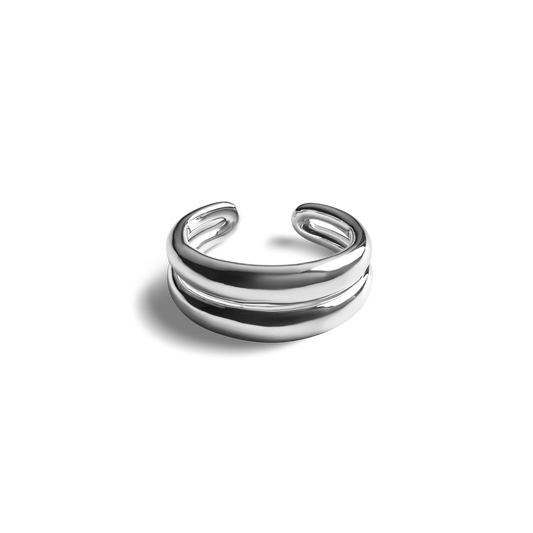 The Shinola Signature Link Adjustable Ring - Sterling Silver features a wide, double-layered open band design and is showcased on a plain white background.
