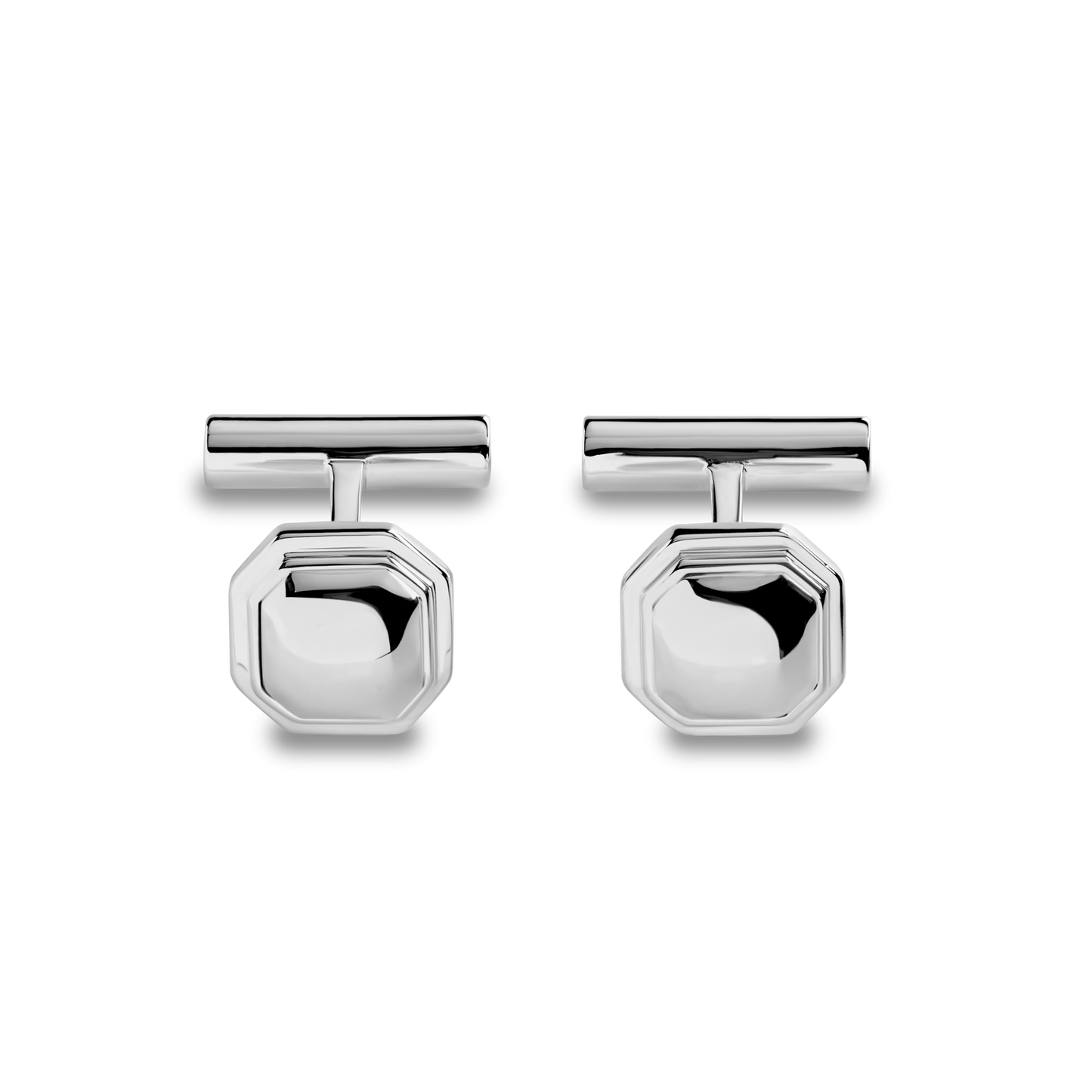 Shinola Octagonal Cufflinks feature a polished, reflective sterling silver finish and classic bar fastening, shown against a white background.
