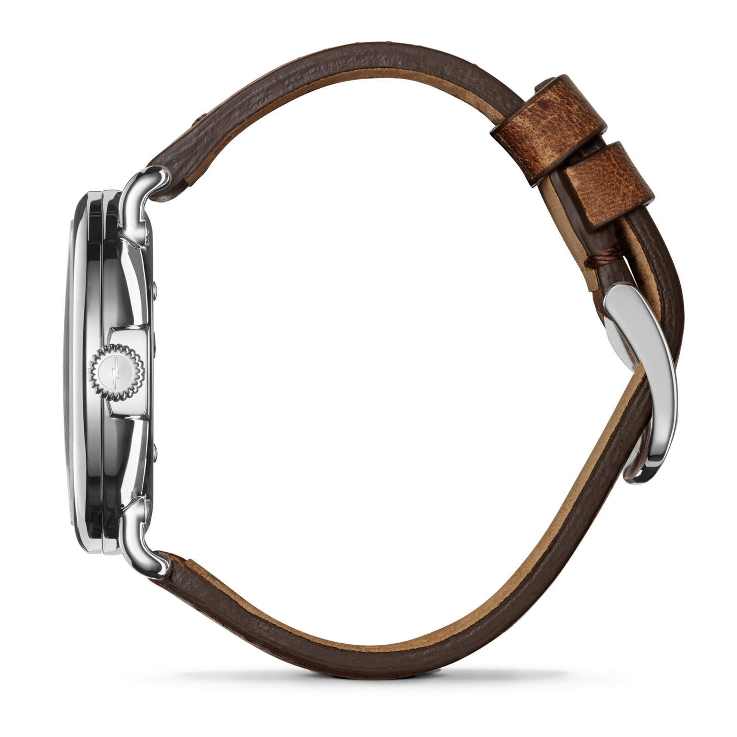 Side view of the Shinola Runwell Watch - Ivory, featuring a brown leather strap with a silver buckle and case. The crown appears on the left, and the strap forms a circular shape.